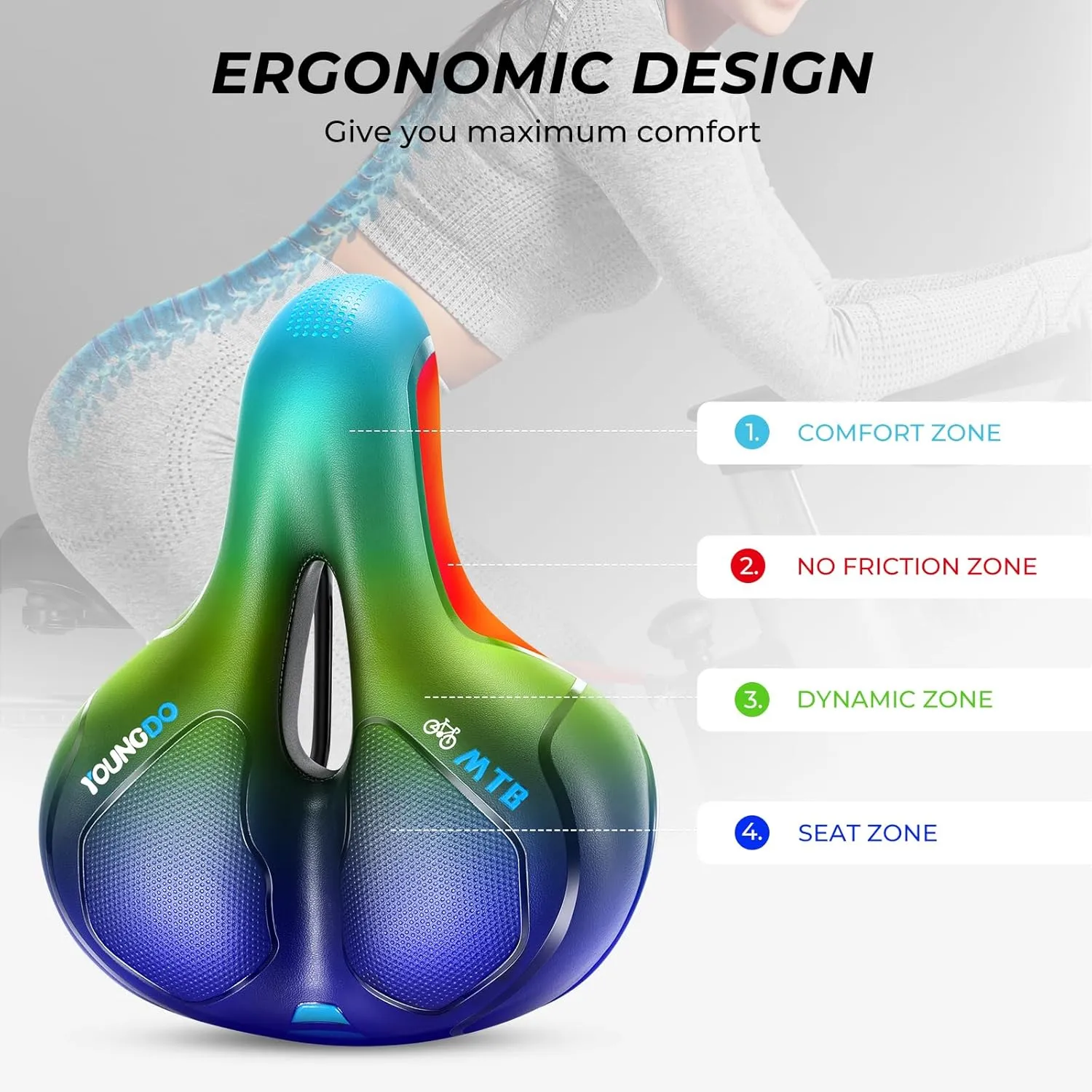 YOUNGDO Bike Seat, Bicycle Saddle Comfortable Soft Wide Road Bike Gel Saddles,Breathable Mountain Bike Seat,Suitable for MTB Mountain Bike,Folding Bike,Road Bike,Spinning Bike, Exercise Bikes
