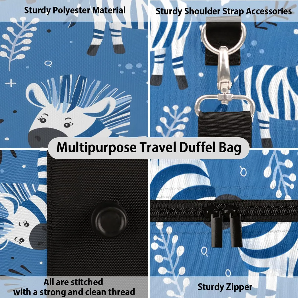 Zebra Travel Duffle Bag, Sports Gym Bags for Women Men, Carry On Weekender Overnight Bag, Cute Workout Hospital Airplane Trips Bag