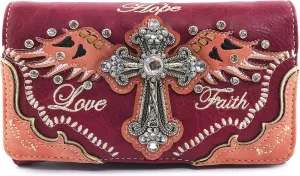 Zelris Faith Love Hope Cross Angel Wing Bible Women Crossbody Trifold Wallet