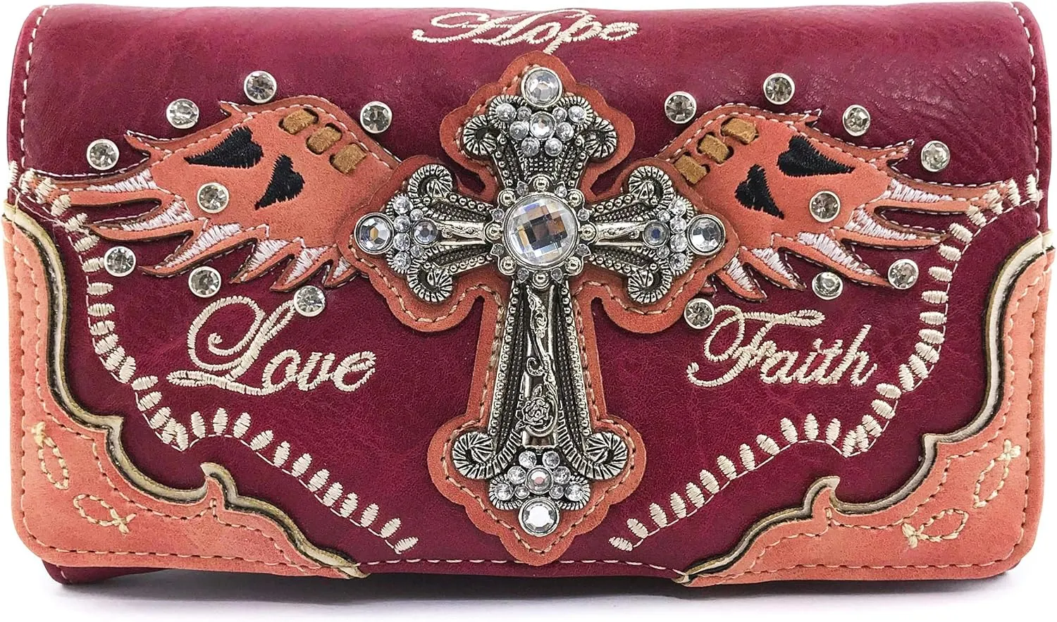 Zelris Faith Love Hope Cross Angel Wing Bible Women Crossbody Trifold Wallet