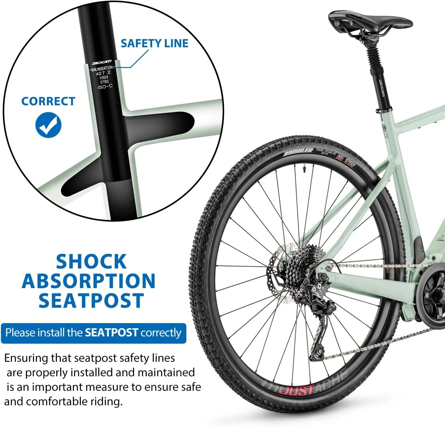 Zoom Bike Suspension Seatpost：27.2 / 30.9 / 31.6 x 350 mm Shock Absorber Damper Bicycle Seat Post for E-Bike MTB BMX